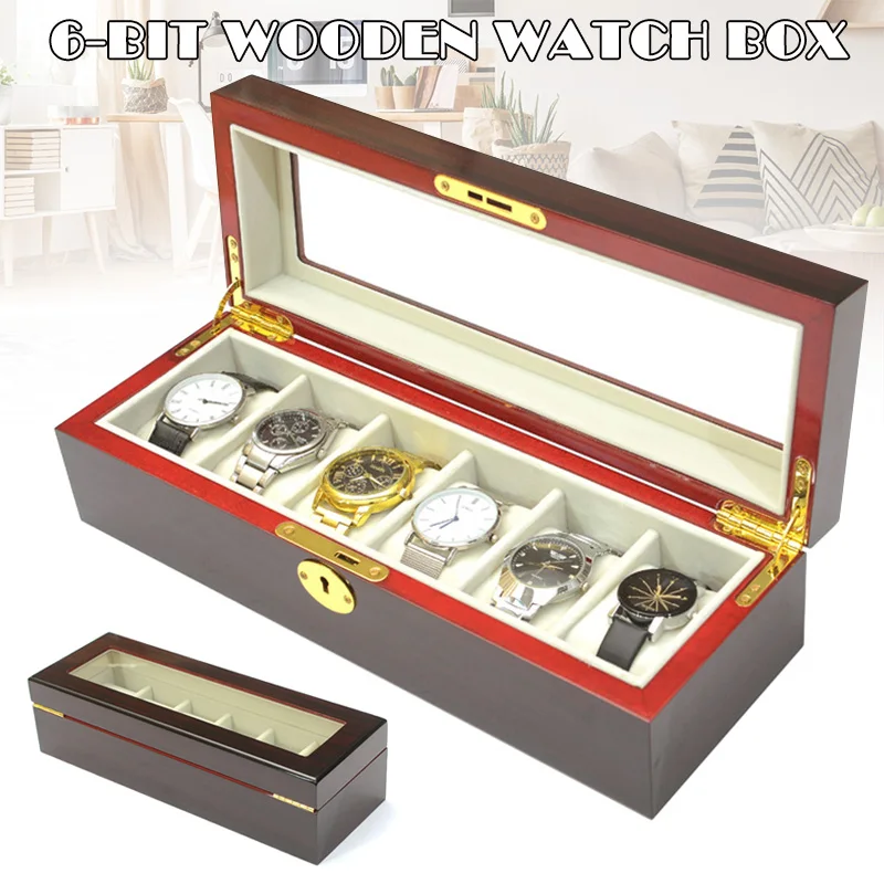 

6 Slots Watch Protective Box Wooden Case Display Organizer Storage Tray for Men Women A66