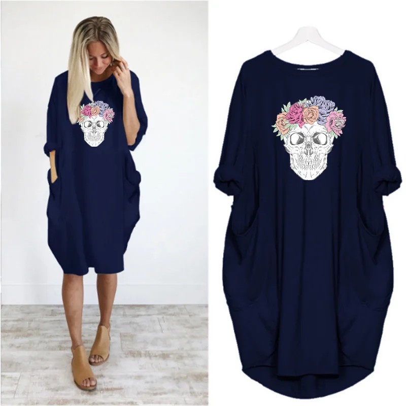 Plus Size 5XL Women's Dress Skull Print Long Sleeve O Collar Pocket Loose Casual Female Dresses Vintage Vestidos Robes Femme 11