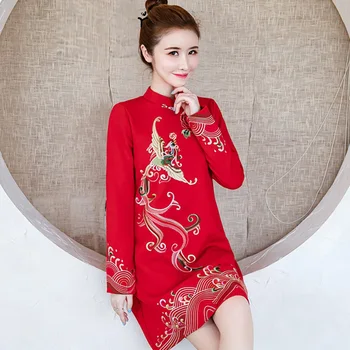 

Autumn and Winter 2020 New Woolen Embroidered Chinese Retro National Style Improved Qipao Dress Cheongsam Party Dress Plus Size