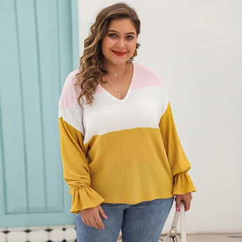 

Fashion Plus Size Patchwork Sweater Casual V-Neck Women's Pullover Tops Spring 2020 Flare Long Sleeve Large Size Sweaters Yellow