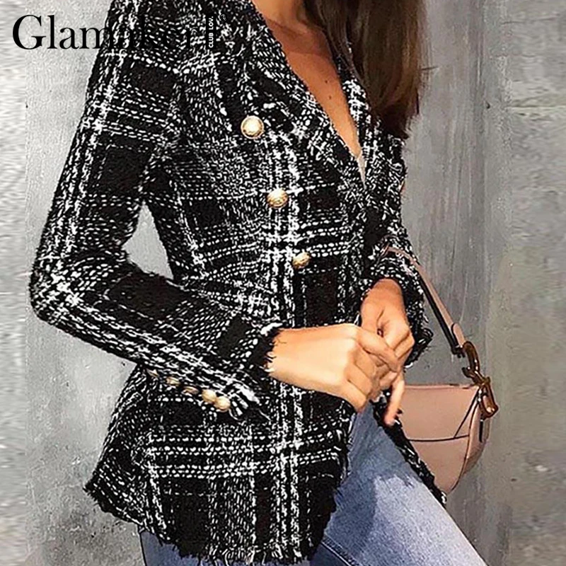 Glamaker двубортная черная клетчатая куртка для женщин пуговицы офис леди Весенний костюм пальто сексуальная уличная Клубная короткая женская одежда костюм
