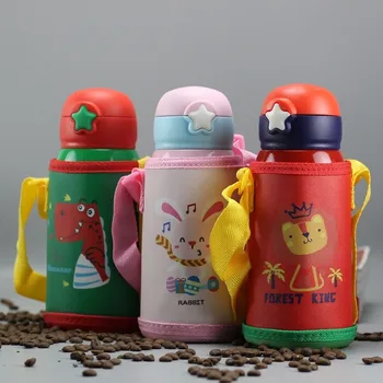 

High quality 550ml Stainless steel Travel Thermos Cup Children Portable Rope Bag Double Cap Vacuum Flask Baby Straw Water Bottle