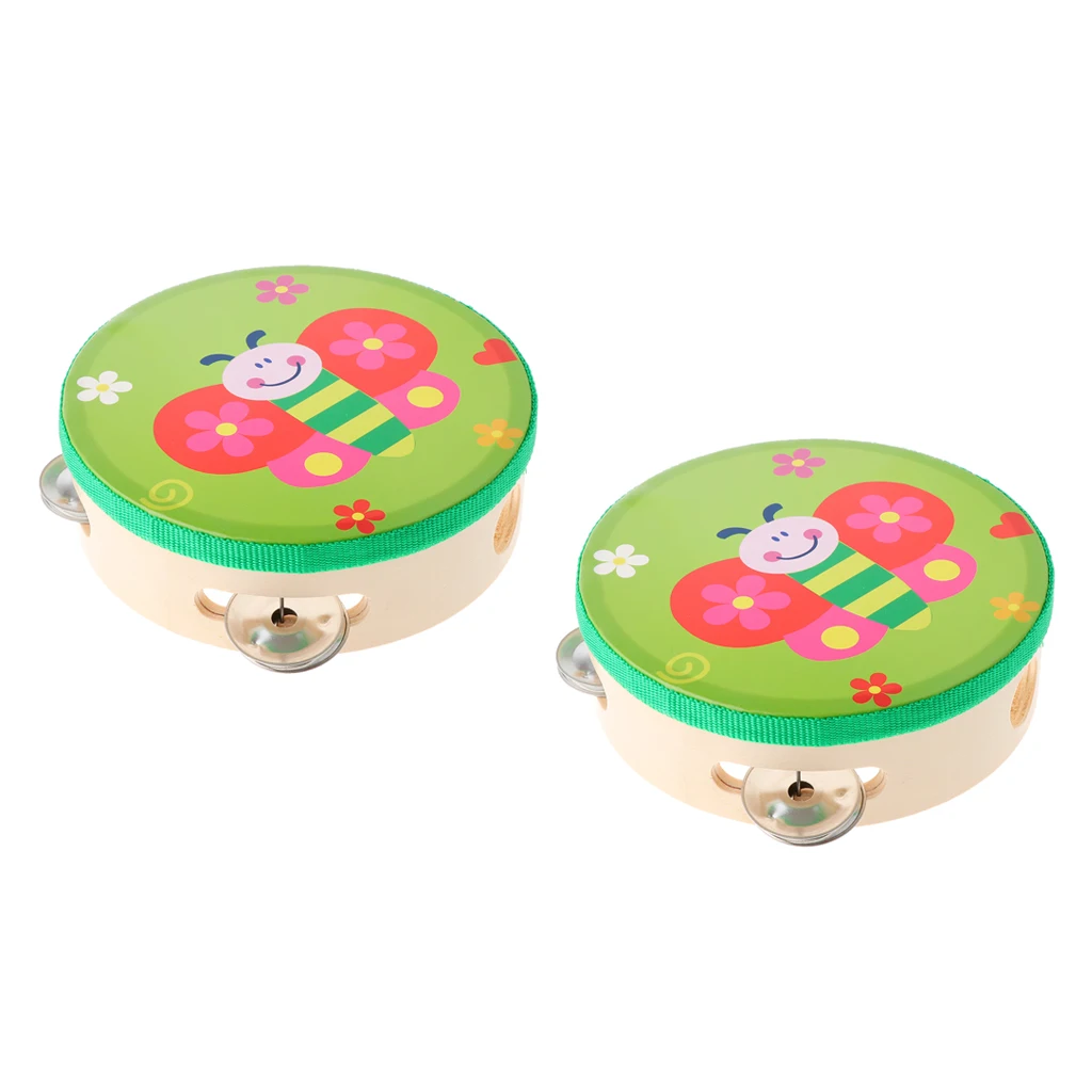 Tambourine Toy Animals Small Tambourine Drum for Kids Wood Tambourines Drum Bell Toy Set of 2