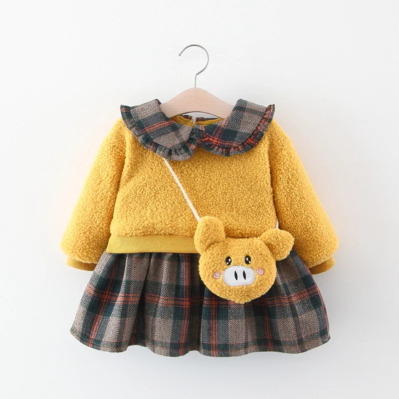 Autumn Winter Girls Fleece Dress Warm Kids Dresses Infant Toddler Dress Fashion Baby Girls Clothing - Цвет: Yellow