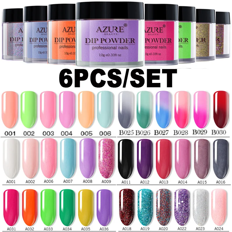 

AZURE BEAUTY 6Pcs/Lot Colorful Dipping Powder Nail Art Set Chameleon Dip Powder Natural Dry Luminous Nail Powder Set