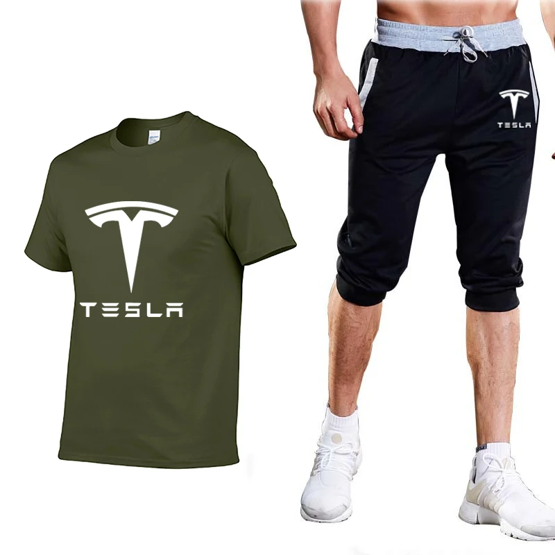 Tesla Men Summer T Shirts Pants suit
