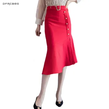 

Spring Autumn Plus Size Women Fishtail Skirt With Button 2020 High Waist Office Work Ladies Irregular Knee Length Skirt Female
