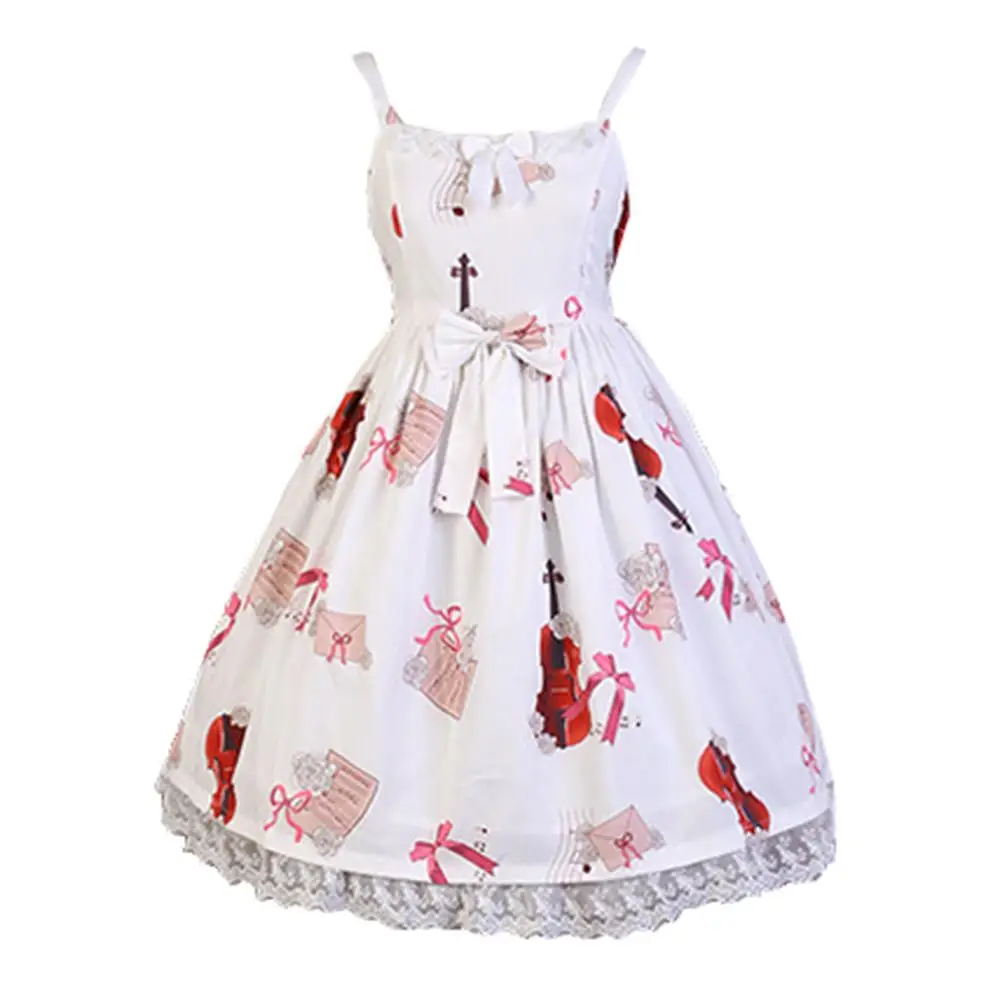 

Girls Sweet Lolita Bowtie Printed Strappy Princess Slip Dress Cosplay Costume