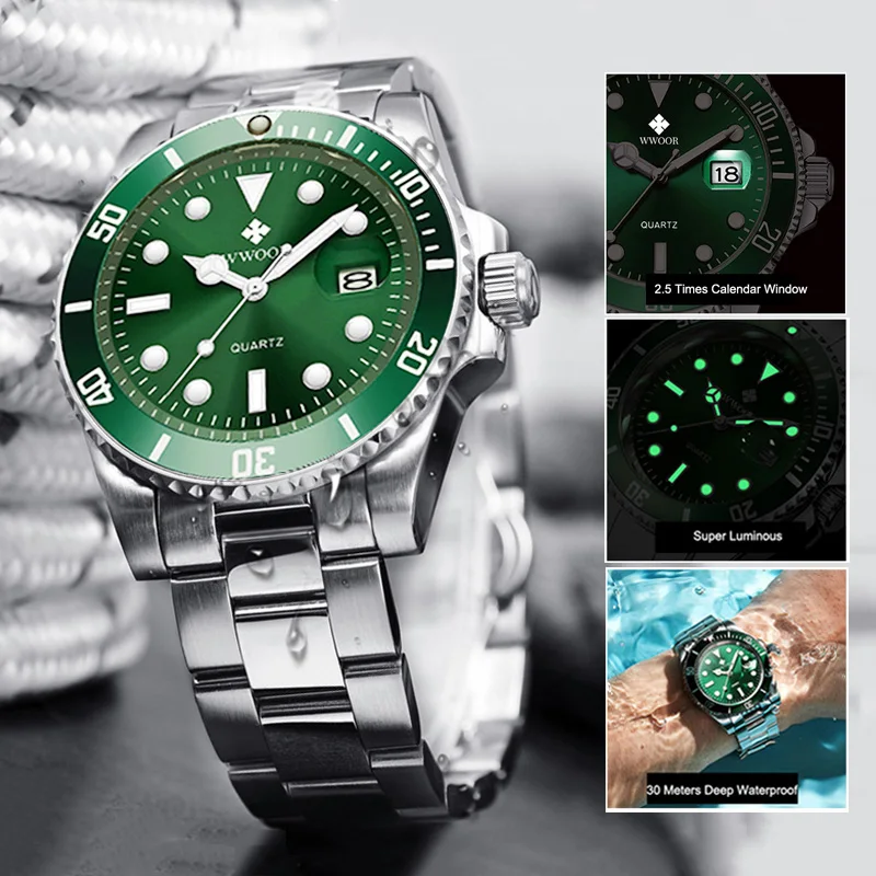 

relojes hombre 2020 Men Watches WWOOR Luxury Green Quartz Dive Watch Mens Auto Date Modernos Diving Sport Waterproof Wrist Watch