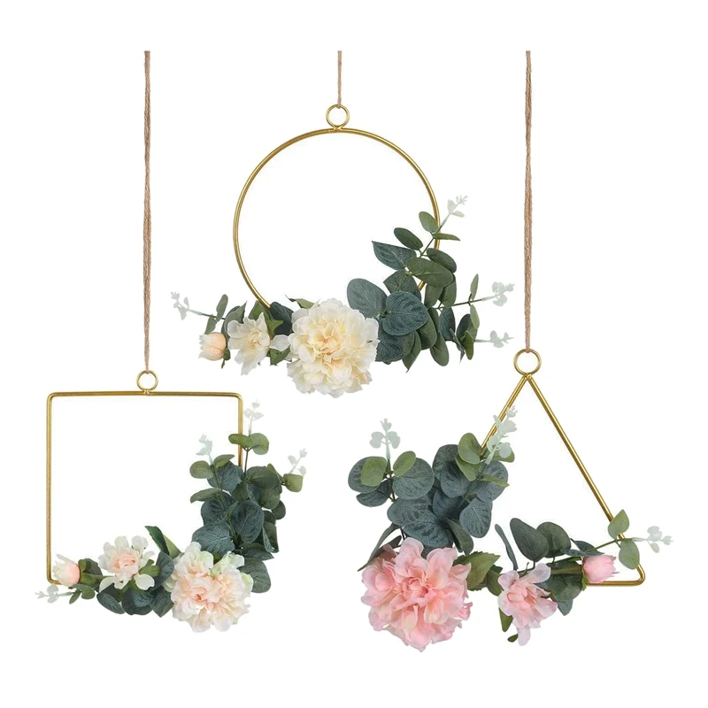 FunPa 3PCS Floral Hoop Wreath Set Artificial Geometric Hanging Wreath Floral Metal Frame Wire Hoop for Wedding Decoration