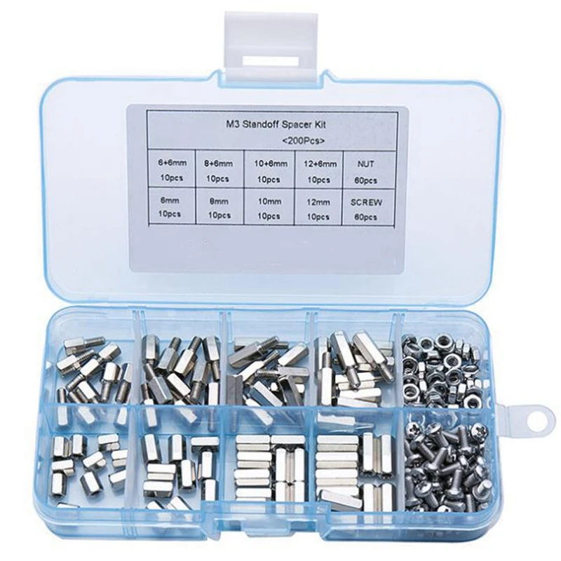 

BMBY-200Pcs/Set M3 Hex Nut Spacing Screw Male Female Threaded Pillar Pcb Pc Motherboard Nickel Plated Standoff Spacer Kit