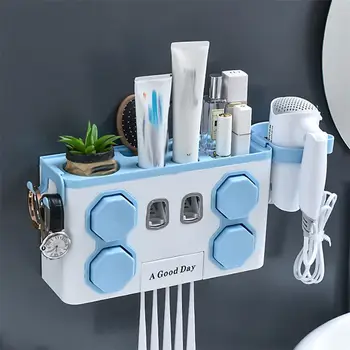 

Hair Dryer Holder Punch Bathroom Organizer Rack Free Multipurpose Wall Mount Toothpaste Squeezer Toothbrush Rack Storage Rack
