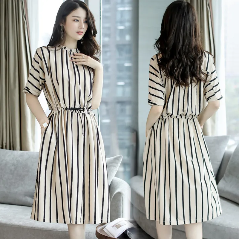 

New Style WOMEN'S Dress Slimming Elegant Striped Dress Women's Summer Short-sleeved Versatile Waist Hugging Medium-length Dress
