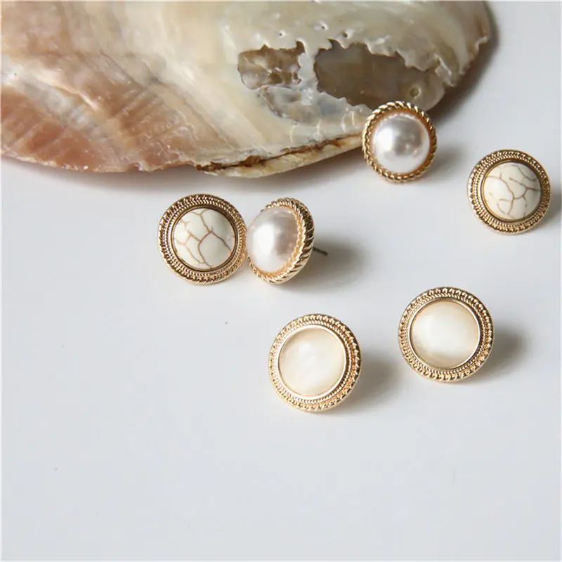 

2019 New Vintage Round Marble Opal Stone Big Stud Earrings Korean Earrings For Women Fashion Temperament Simulated Pearl Brinco