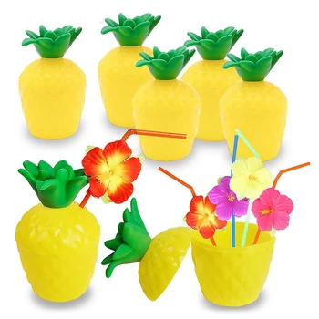 

12Pcs Pineapple Drink Cup with Flower Straw Fruit Shape Fun Drink Cup for Hawaiian Luau Summer Beach Party Supplies