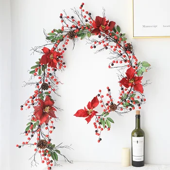 

Christmas Garland DIY Decoration 6ft Artificial Red Berry Wreath With Pine Cone And Green Leaves For Holiday Desk Decor