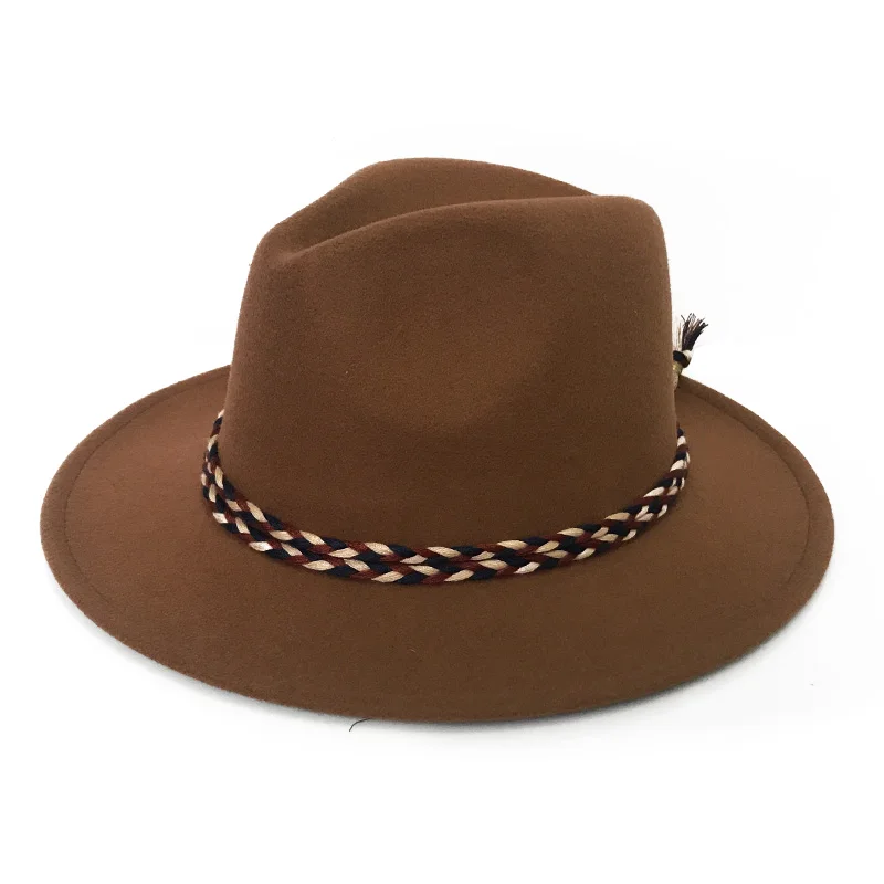 YY широкополый шерстяной войлок Джаз Fedora шляпы красочные веревки Панама мужские осенние Трилби женские Gambler церковные шляпы Боулер FD19012 - Цвет: Khaki Felt Panama