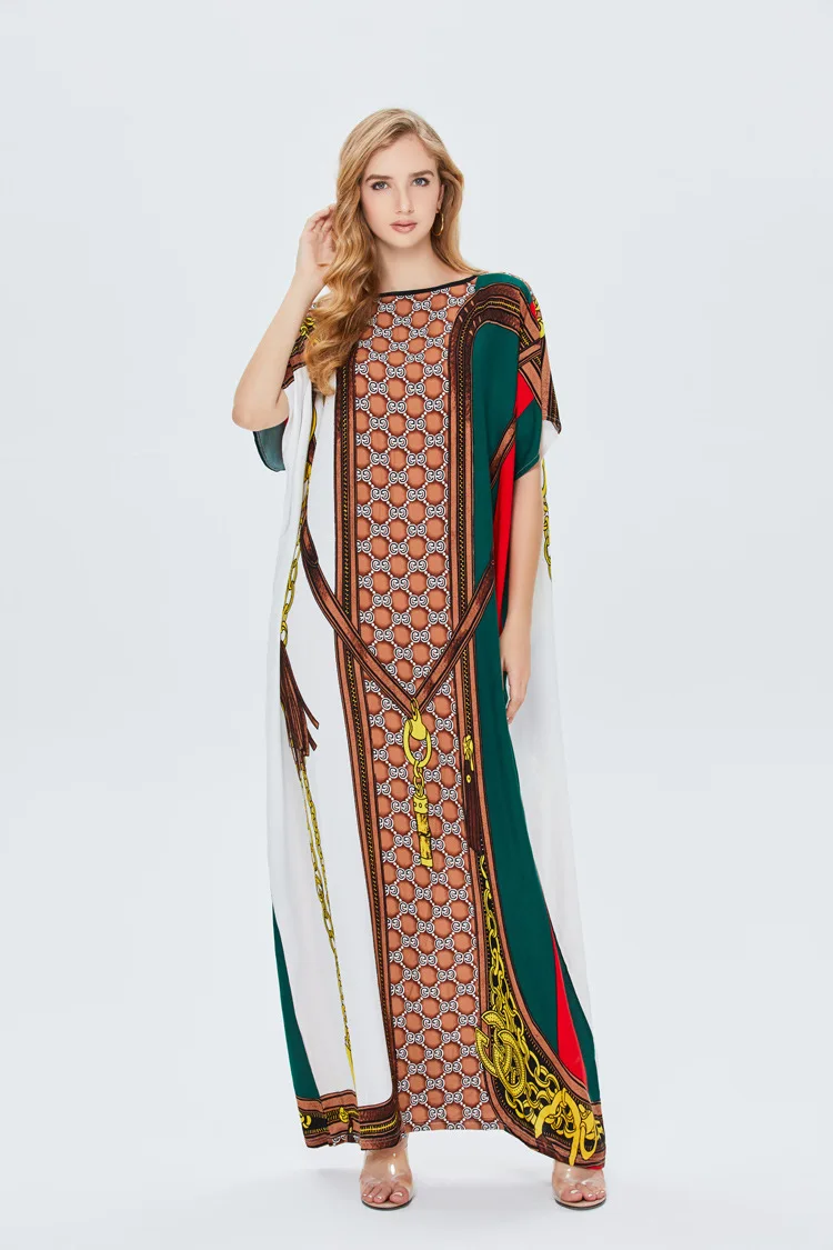 Women Dress Big Size Printed Muslim Ladies Swing 2XL Loose Round Neck Middle East Short Sleeve Elegant Gown Leisure Dubai Abaya summer dresses