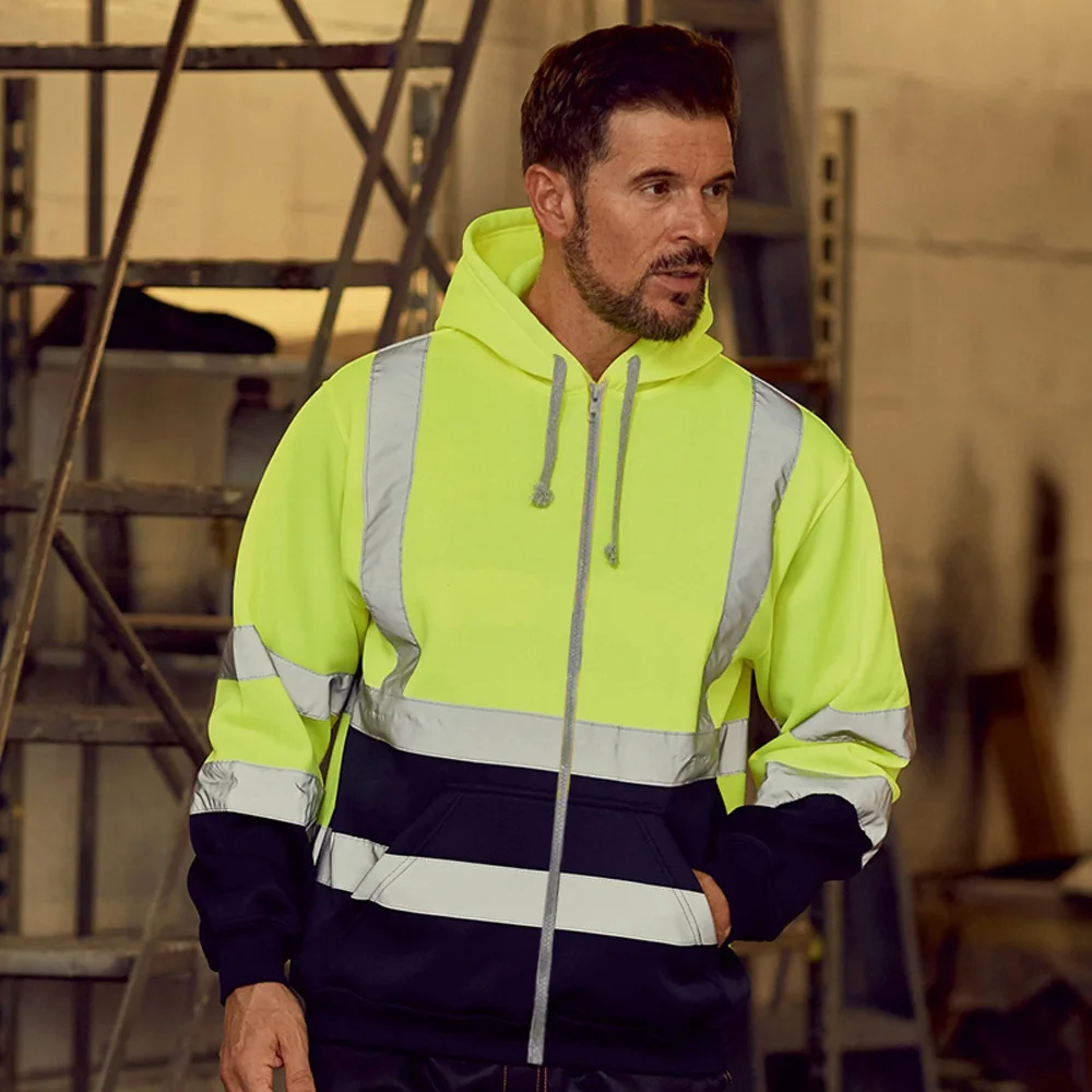 

2020 Hot Sale Men's Hoodie Reflective Striped Sanitation Work Clothes Fleece Solid Color Zipper Sportswear Oversized Sweatshirts