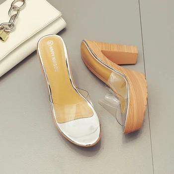 

2020 Women 12cm High Heels Sandals 4cm Platform Wedges Mules Wood Print Slides Thick Block Heels Slippers Beach Shoes YHC-85