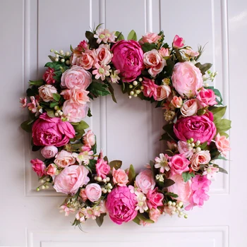 

Pink Hanging Garland 45cm Handmade Fake Dlower Wreath European Style Door Decoration Wall Pendant Ornaments Flores Artificiales