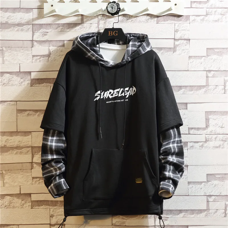Black Patchwork Hoodies Autumn Spring MEN'S Sweatshirts Hiphop Punk Streetwear Casual Pullover