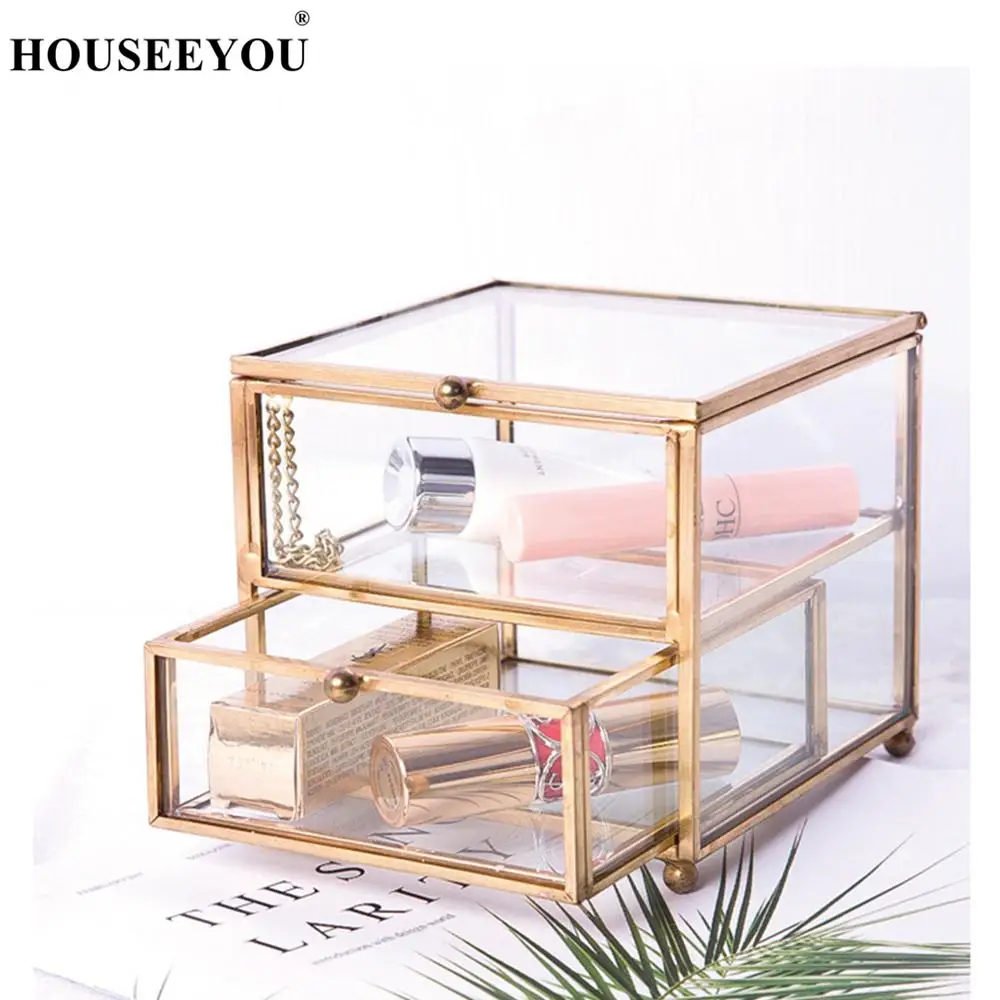 Европейский ретро ящик с медными краями стеклянный для хранения ювелирных