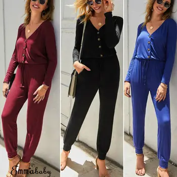 

Women Long Sleeve V Neck Bodycon Sexy Jumpsuit Romper Bodysuit Trousers Clubwear