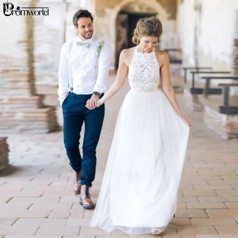 Белое свадебное платье Vestido De Noiva простое пляжное свадебное платье с бретелькой через шею кружевное с открытой спиной длинное Тюлевое ТРАПЕЦИЕВИДНОЕ свадебное платье