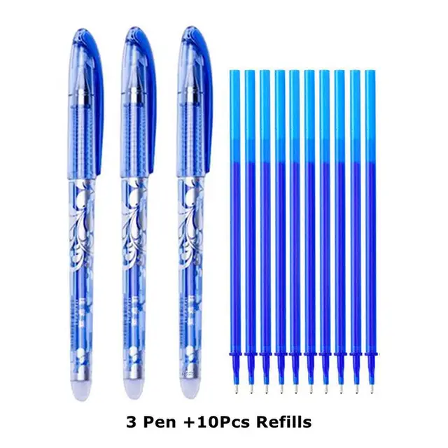 Erasable Pen Set 0.5mm Needle Bullet Tip Gel Ink Pens Refills Rods write erase Washable Handle for School Office Supplies 3 pen 10 refills B