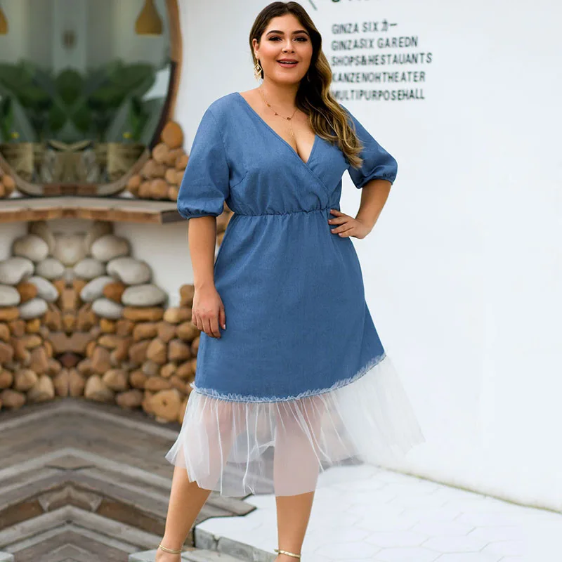 

Plus Size Deep V Neck Jean Dress Mesh Patchwork Elastic Waist Vestidos Dresses Woman Lantern Sleeve Robe Denim Women's Dress