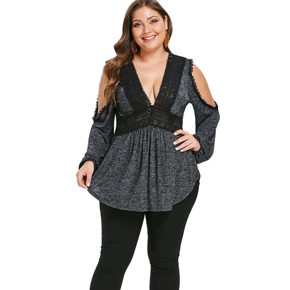 

Women Plus Size 5XL Cold Shoulder Lace Long Sleeve T-Shirt Lace Embroidered Space Dye Tee Shirt Open Shoulder Empire Waist Top