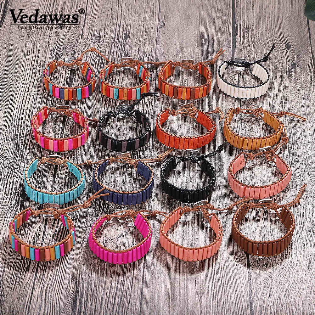 

Vedawas Bracelet Jewelry Handmade Multi Color Natural Stone Tube Beads Leather Wrap Bracelet Couples Bracelets Creative xg3312