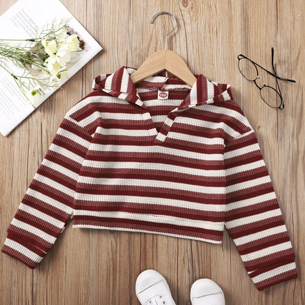 

Knitted Hoodie Kids Clothes Girls Sweatshirts Red Striped Girl Hoodies Long Sleeve Hooded Sweatshirts Child Clothing Crop Tops