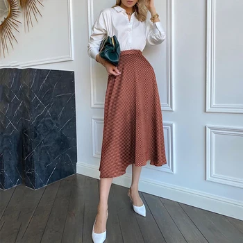 

Autumn loose A-Line midi skirt High waist Polka Dot holiday female bottom skirts Vintage brown ladies office skirts