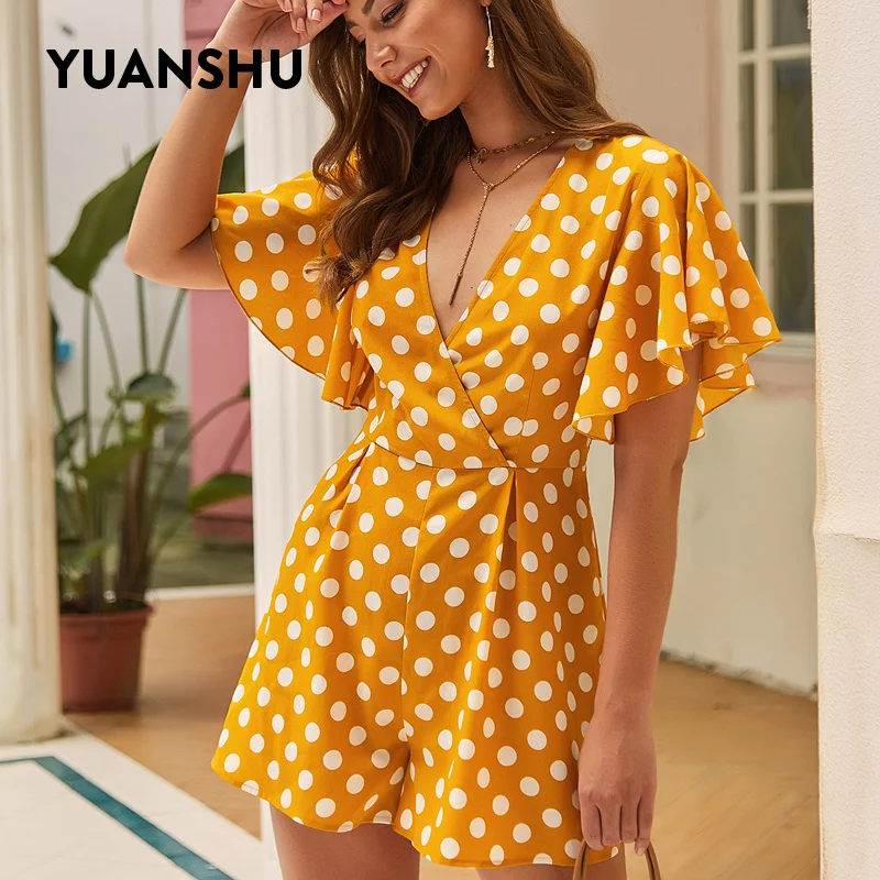 

YUANSHU 2019 Sexy Polka Dot Short Rompers Womens Jumpsuit Summer V Neck High Waist Beach Party Casual Female Playsuit