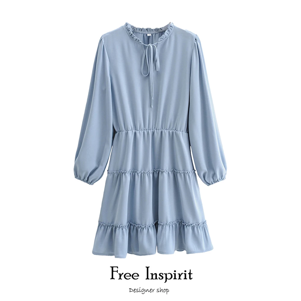 

Free Inspirit New Arrival Bohemian Style Style A-line Solid Full Sleeve Stand Collar Natural Waist Women's Knee-length Dress