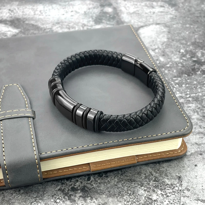 Black Genuine Leather Mens Fashion Bracelet Gift