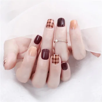 

24pcs Dark Coffee Brown fake nails set Grid Artificial Fake Nails Full Cover Press on Nails Short Natural Tips with Glue