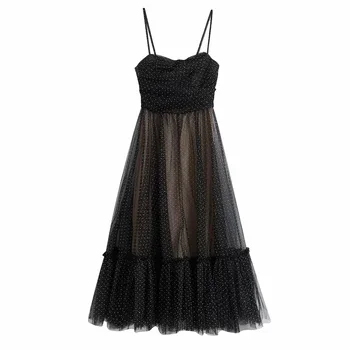 

Spring 2020 Women's New Straight Collar Thin Sling Back Elastic and Pleated Dress with Lined Laminate Trim Tulle Long Dress