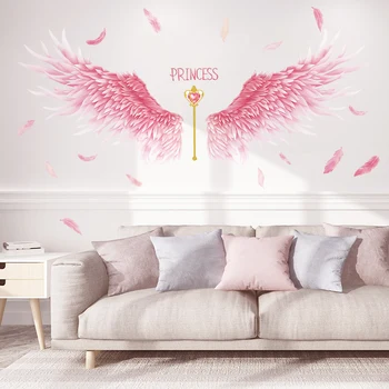 

[shijuekongjian] Pink Feathers Wing Wall Stickers DIY Cartoon Scepter Wall Decals for Kids Rooms Baby Bedroom House Decoration