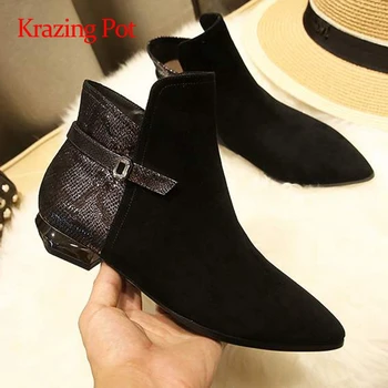

Krazing pot sheep suede mixed cloth increasing limited customization pointed toe thick low heel zip beauty lady ankle boots L3f4