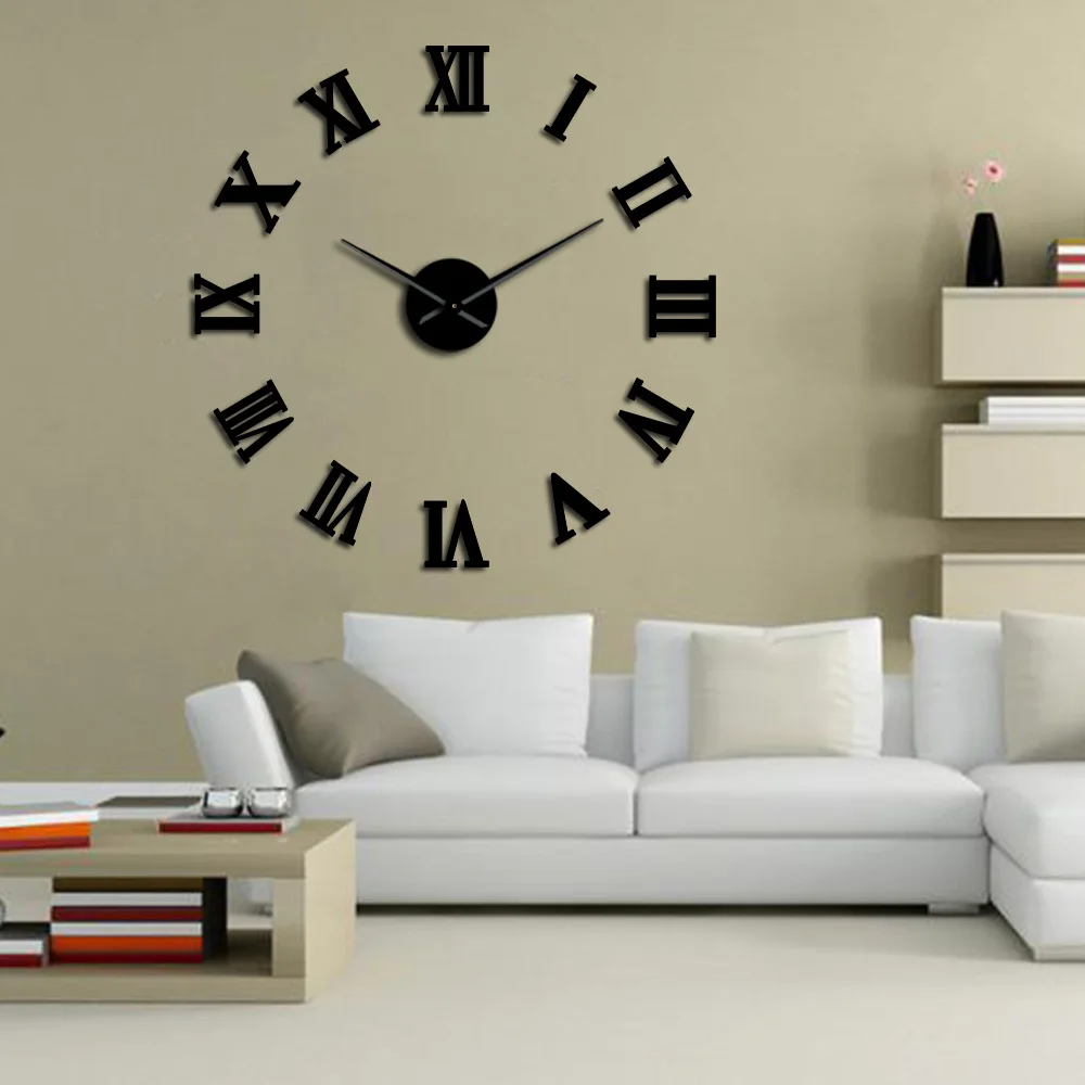Silver Mute DIY Frameless Large Wall Clock Roman Numerals 3D Mirror Sticker Home Office Decorations 2 Years Warranty 