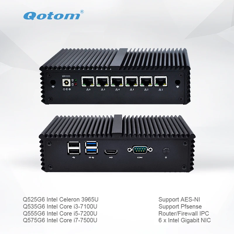 Qotom Mini Pc Q500G6-S05 Met Celeron Core I3 I5 I7 AES-NI 6 Gigabit Nic Router Firewall Ondersteuning Linux Ubuntu Fanless computer