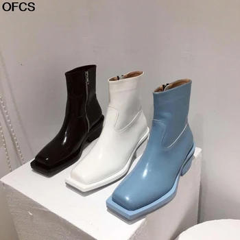 

2020 Autumn Blue Square Toe Ankel Boots Women Newest Chunky Heels Zipper Women Boots Lady Short Boots Black White Women Shoes