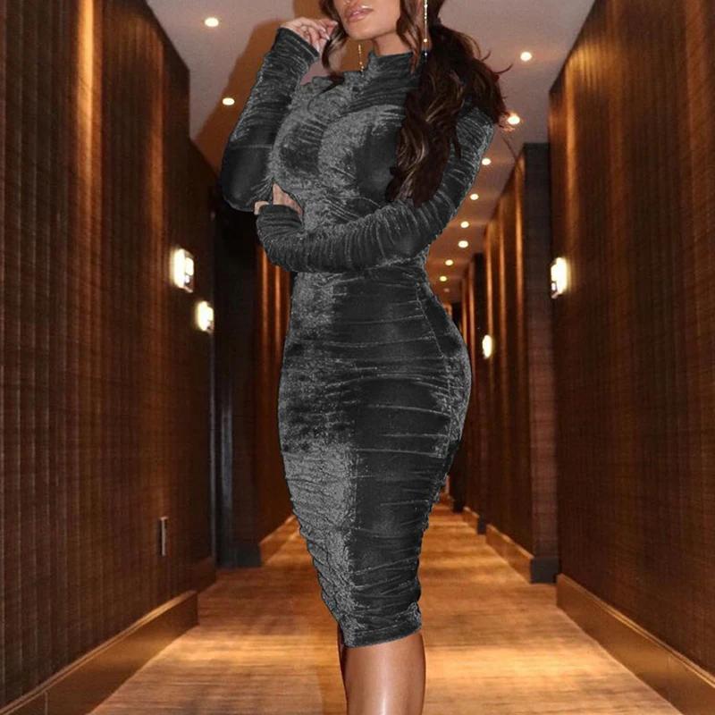 Kopen Vrouwen Elegante Fluwelen Coltrui Scrunched Bodycon Dress Sparkly Schede Vintage Night Club Party Cocktail Midi Dress