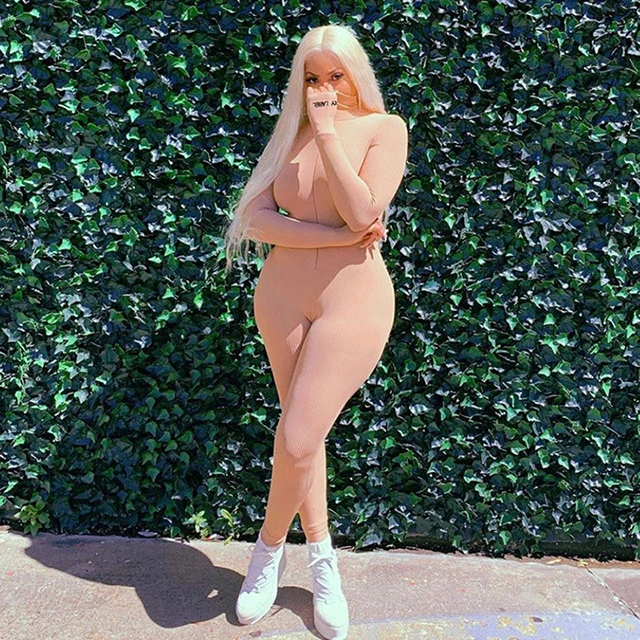 Plus Jumpsuit For Women Romper 2020 Lucky Label Long Sleeve Casual Skinny Turtleneck Catsuit Zipper Sport Wear Bodysuit Black Khaki