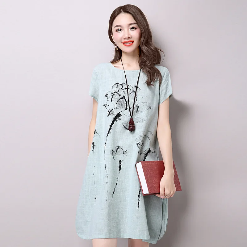 

2018 Summer Wear New Style Ethnic-Style Large Size Dress Ink Printed Mid-length Short Sleeve Big Hemline Cotton Linen Dress