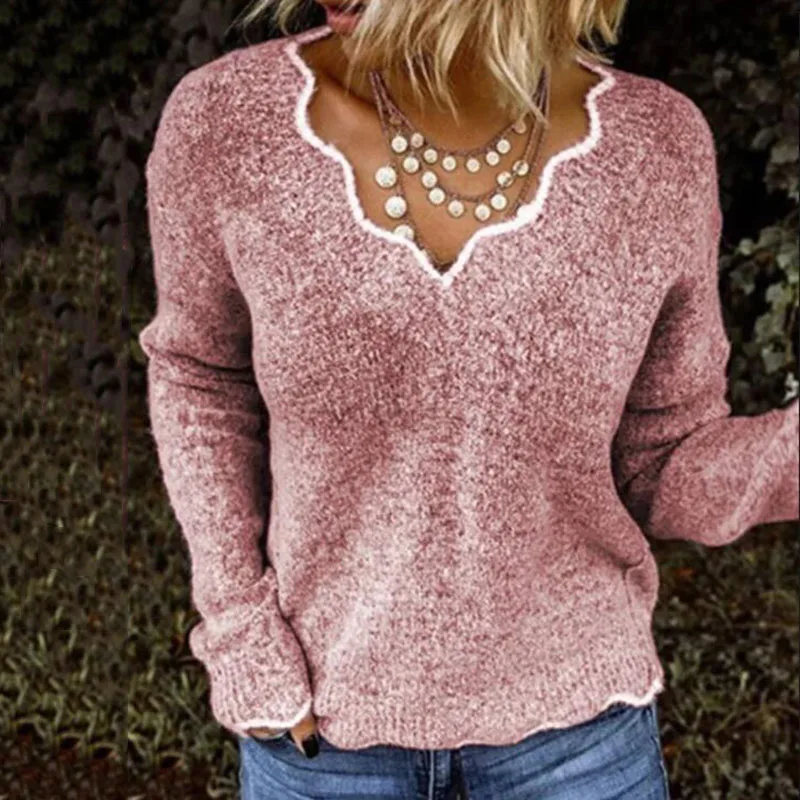 

Autumn Elegant Long Sleeve Women V-Neck Knitting Top Cute Casual Solid Pullover Sweater