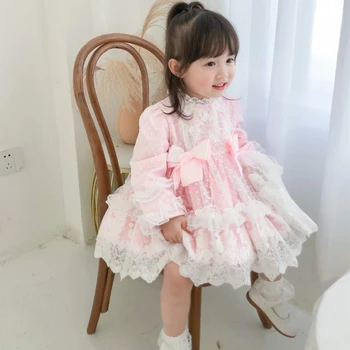 

Autumn Winter Vintage Spanish Princess Lolita Turkey Pink Sweet Bady Girls Lace Bow Ball Gown Long Sleeve Dress Birthday Party